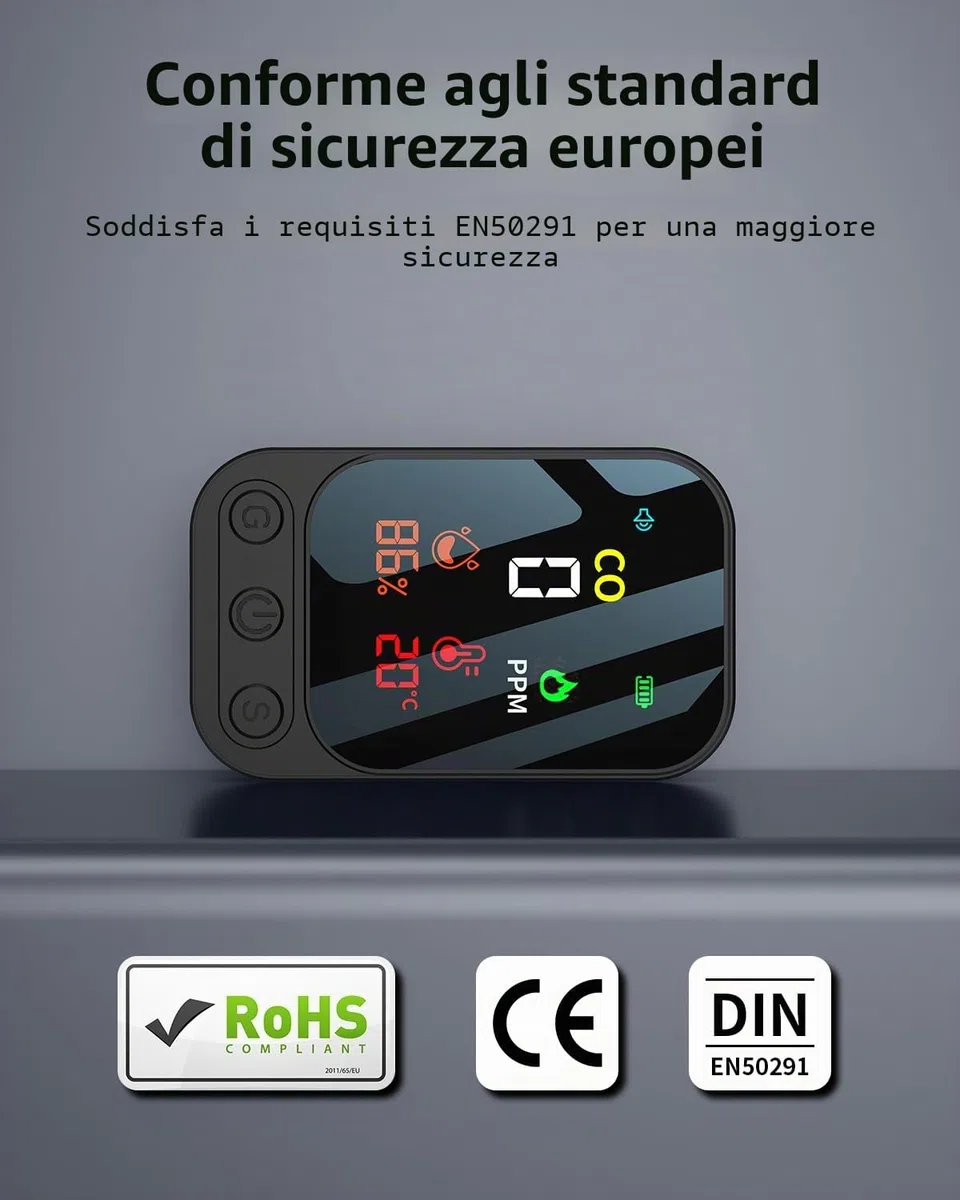 Rilevatore di monossido di carbonio portatile 3 in 1, rilevatore di monossido di carbonio ricaricabile con indicatore di temperatura dell'umidità, portatile per casa, roulotte, campeggio, nero