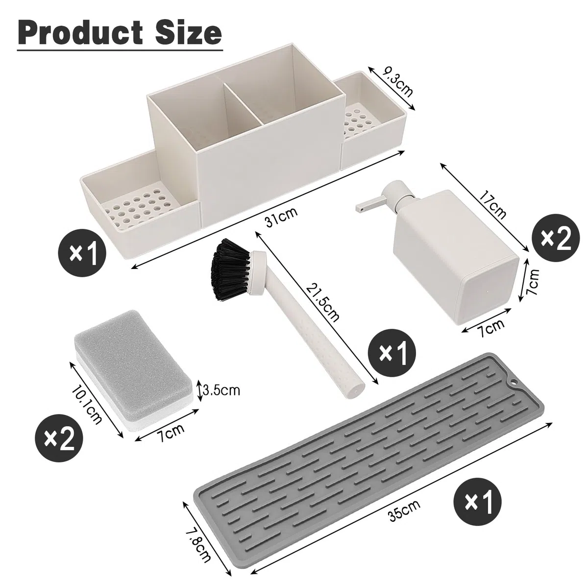 CAUTIOUS Organizer per lavello da cucina da 350 ml, con spazzola, dispenser per sapone da cucina, set in plastica, organizer per piatti con due dispenser di sapone, organizer da cucina (bianco)
