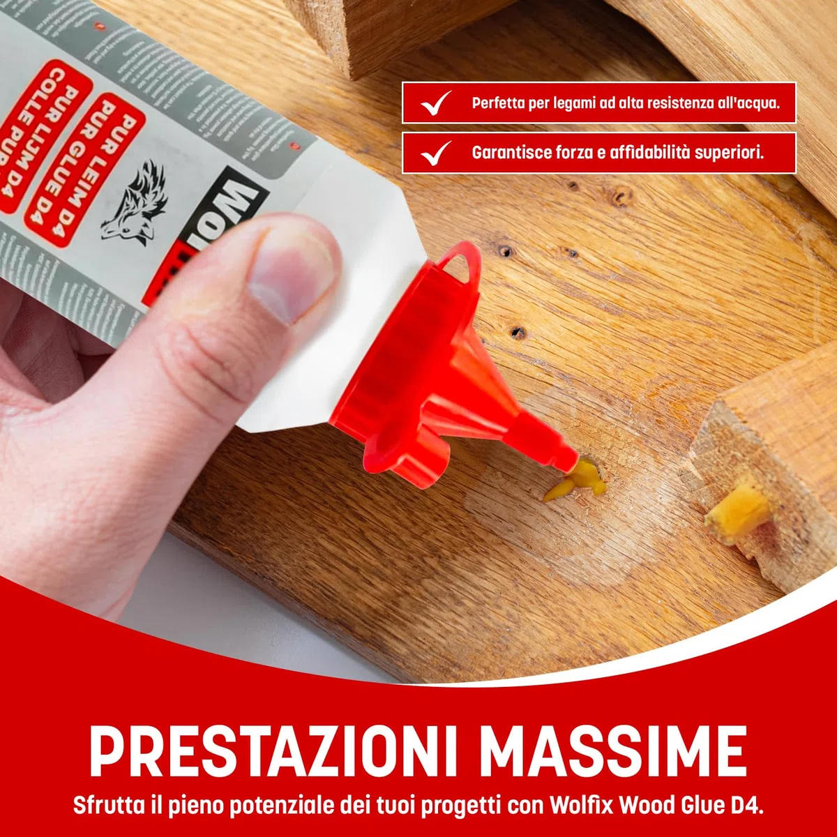 Wolfix Colla per Legno Impermeabile D4 500g - Colla Extra Forte per Legno, Metallo e PUR - Colla per PVC, Colla da Montaggio, Colla per Artigianato e Colla Liquida - Stucco per Legno a Rapida