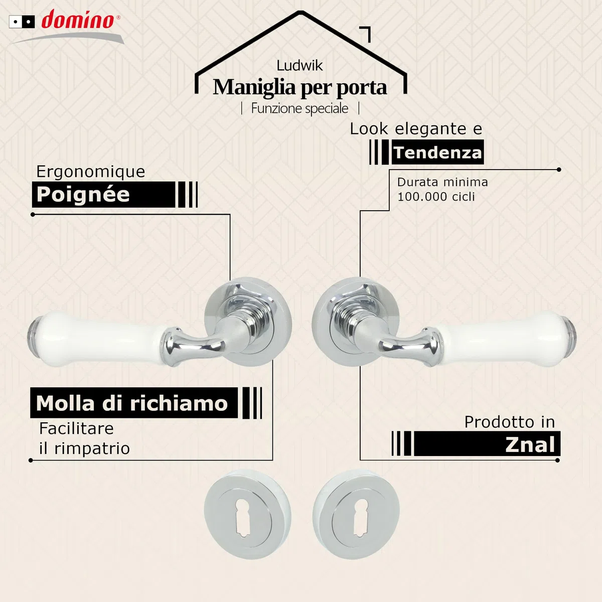 Domino LUDWIK-R M6/White - Maniglia in acciaio inox per porta di camera da letto, ufficio, cantina e porte interne