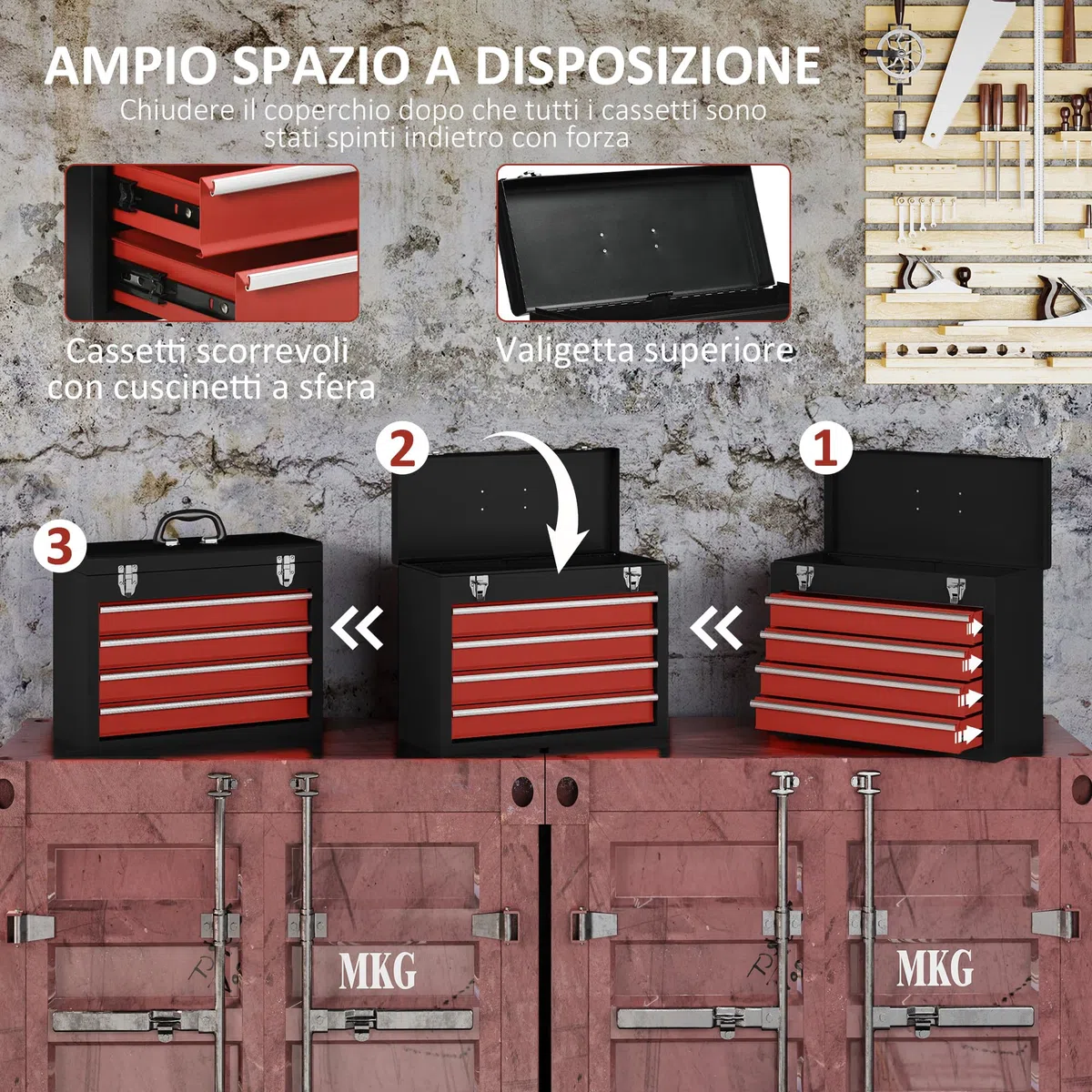 DURHAND Cassetta Porta Attrezzi in Acciaio, Valigetta Attrezzi Vuota con 4 Cassetti e Vassoio Superiore a Doppia Serratura, 51x22x39.5 cm, Rosso e Nero
