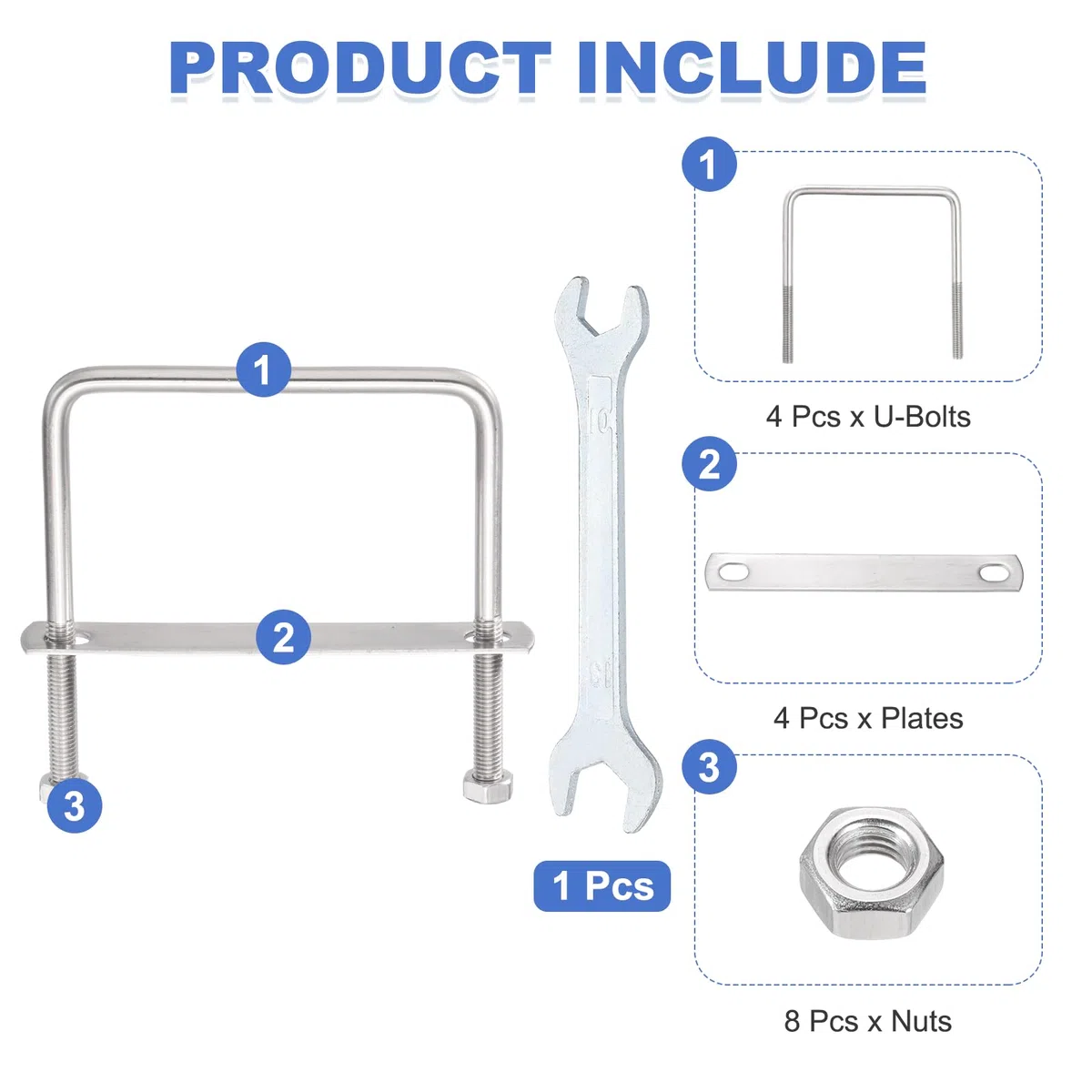 sourcing map Set di 4 bulloni a U quadrati M8, 101 mm, larghezza interna 100 mm, lunghezza 304 in acciaio inox 304, con dadi, piastre e chiave per rimorchio, sci, barca, barca da pesca