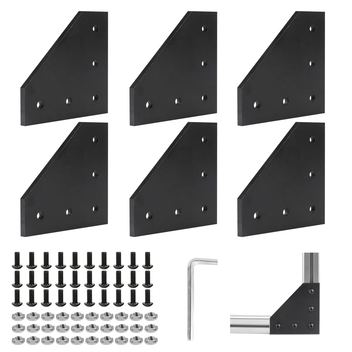 EXLECO 6Pcs Angolare Alluminio Nero, Profilo Alluminio 20x20 Staffe a L di Collegamento Squadrette, con Dadi Chiave Inglese per 6mm Allum Profilo