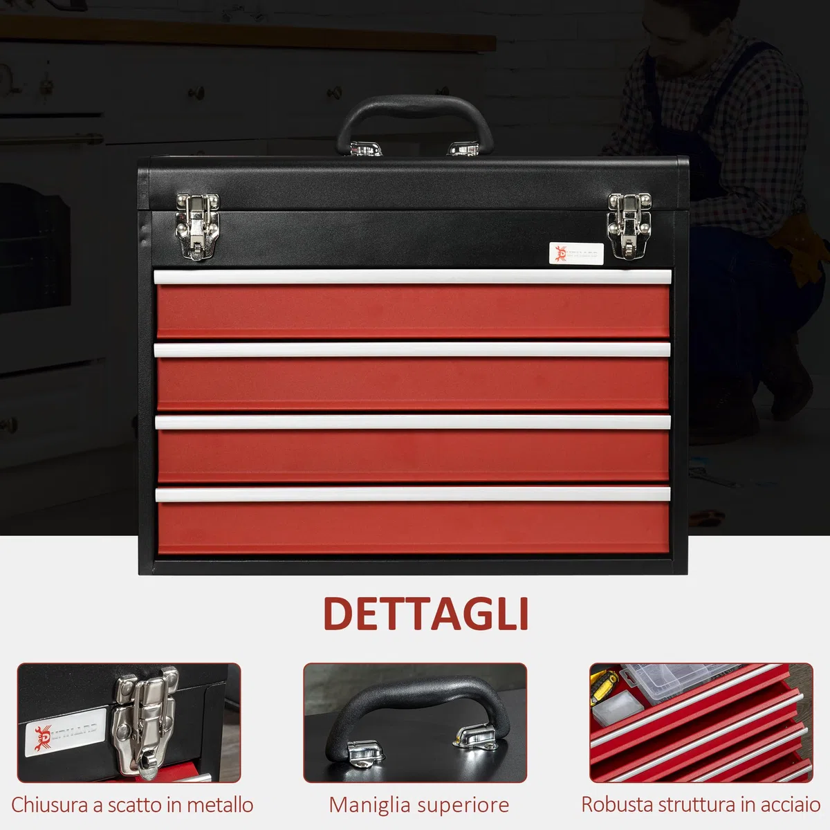 DURHAND Cassetta Porta Attrezzi in Acciaio, Valigetta Attrezzi Vuota con 4 Cassetti e Vassoio Superiore a Doppia Serratura, 51x22x39.5 cm, Rosso e Nero