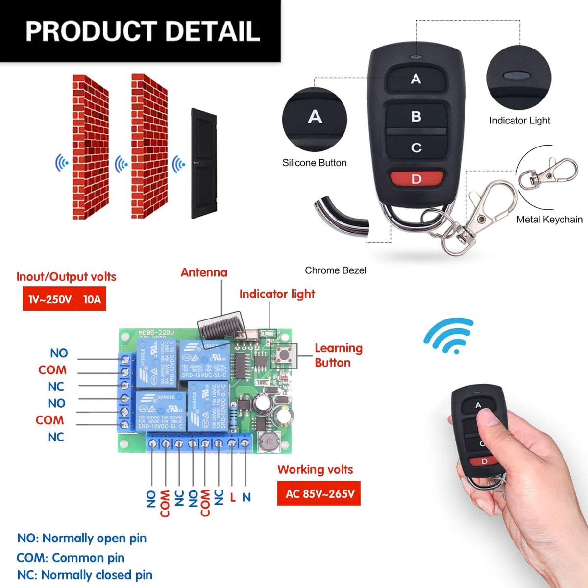 DieseRC Telecomando universale senza fili AC 220V 10A Scheda ricevitore relè RF a 4 canali con 2 trasmettitori per motore porta del garage luce tenda elettrica