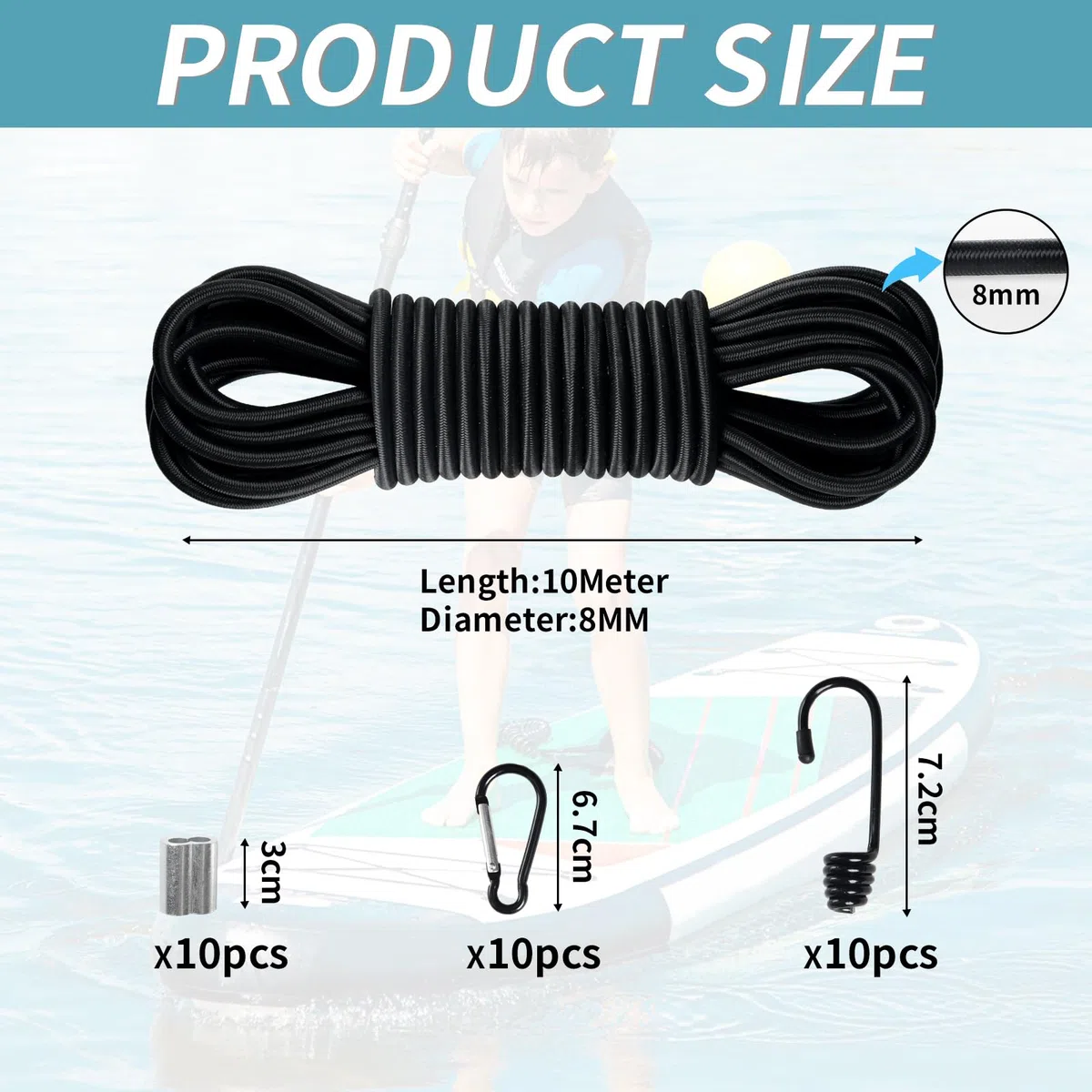 Corde Elastiche 10m x 8mm, Corda di Gomma con Ganci, Moschettoni, Doppi Manicotti in Alluminio, Corda Elastica Cavo Elastico per Teloni, Tende, Trasporto, Giardini e Portapacchi - Set Fai Da Te