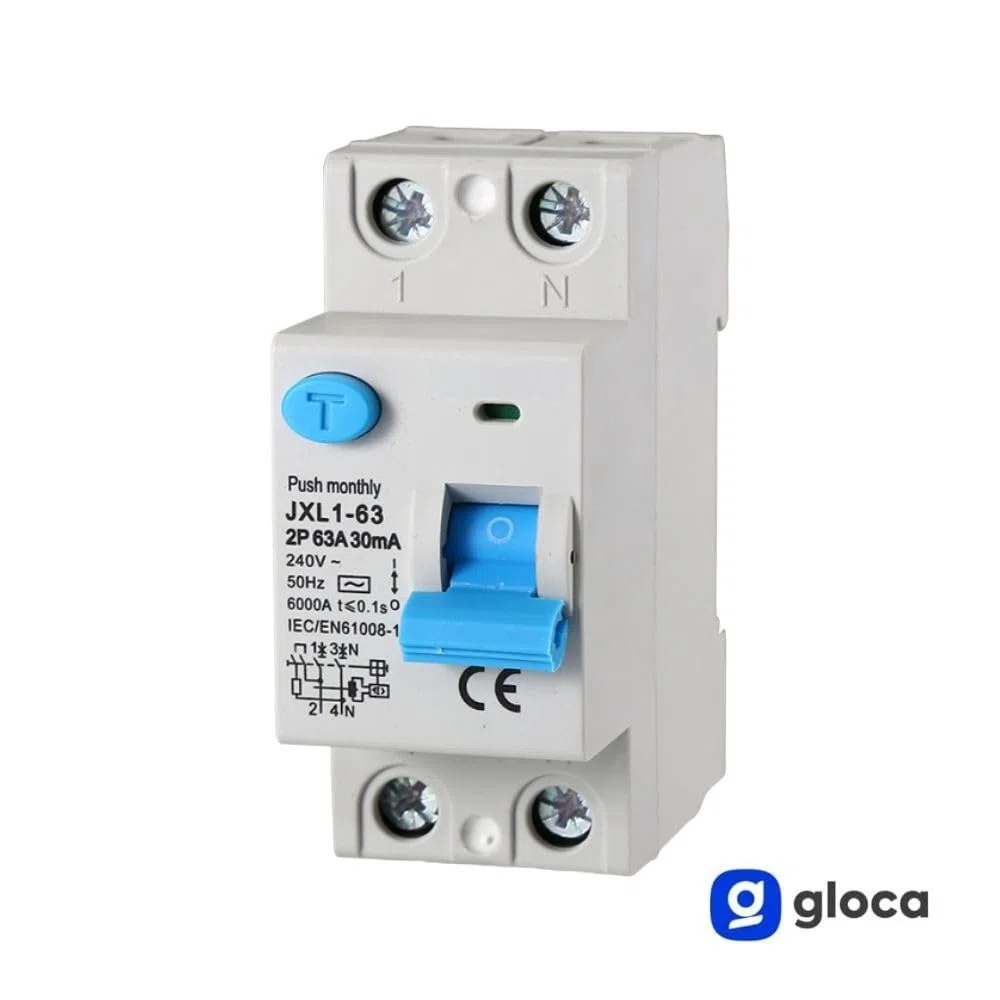 gloca Interruttore Differenziale Puro Salvavita 2P 30mA 220V-6KA 2 Moduli DIN (63 Ampere)