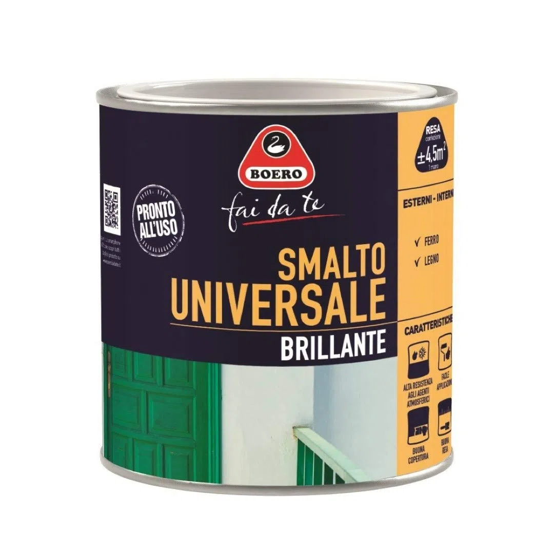 Boero Fai da Te, Smalto Universale Brillante, per Interno/Esterno, Applicabile su Ferro e Legno, Alta Resistenza Atmosferica e Facile Applicazione, Latta da 0,5L, Colore Bianco Ghiaccio