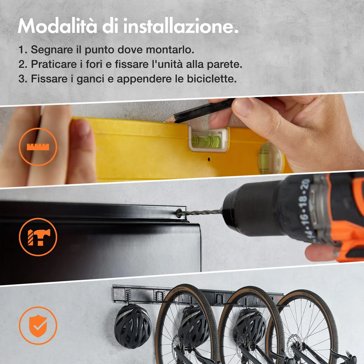 VonHaus Porta Bici da Muro - Appendi da Muro per Garage, Adatto a 3 Bici e 3 Caschi - Supporto Bike Verticale per Mountain Bike o Bici da Strada