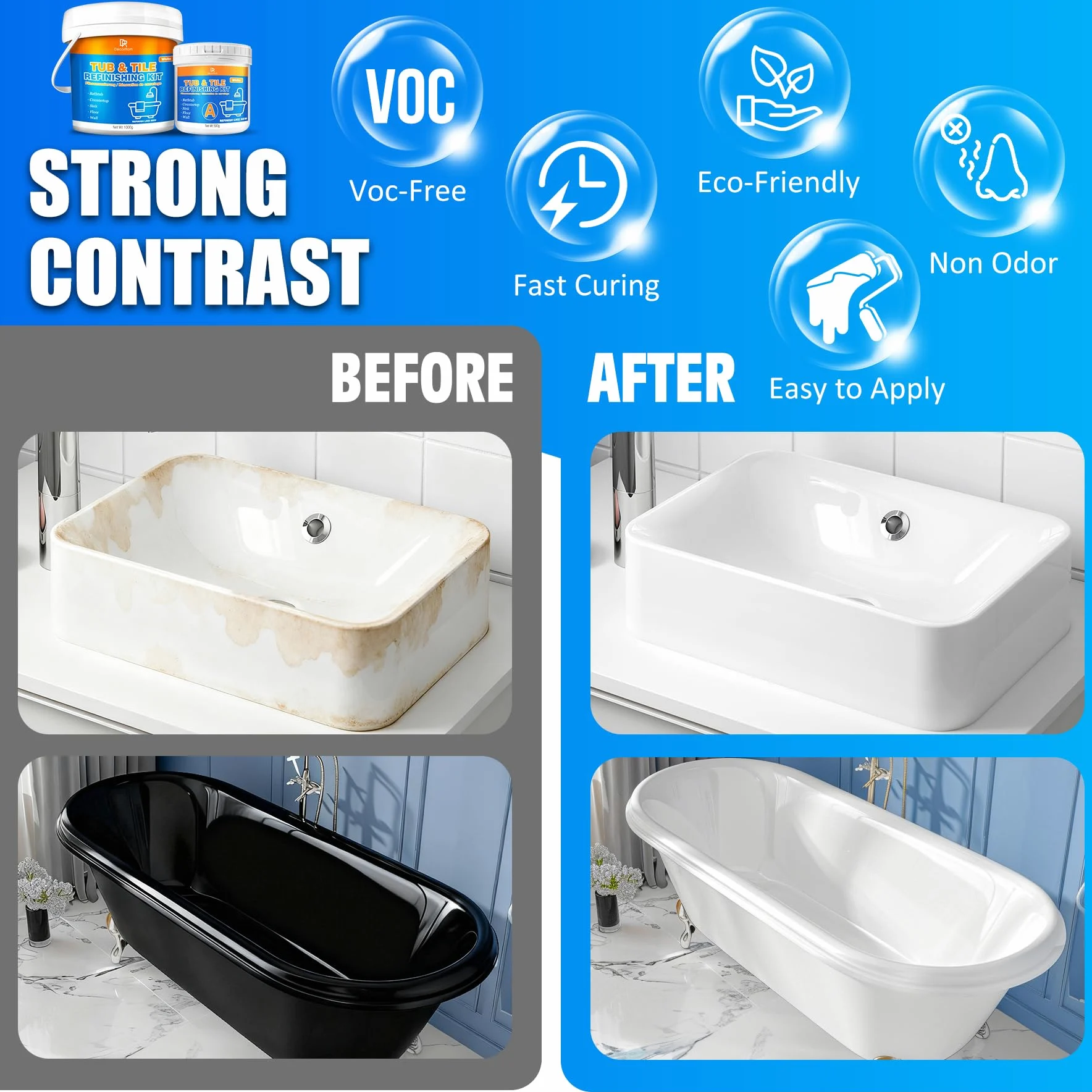 DecorRom Vernice per Vasca da Bagno Bianca 500g, Vernice per Piastrelle, Kit per Rinnovamento Vasca da Bagno e Lavandini, Resistente all'Acqua e Antigraffio con Attrezzi