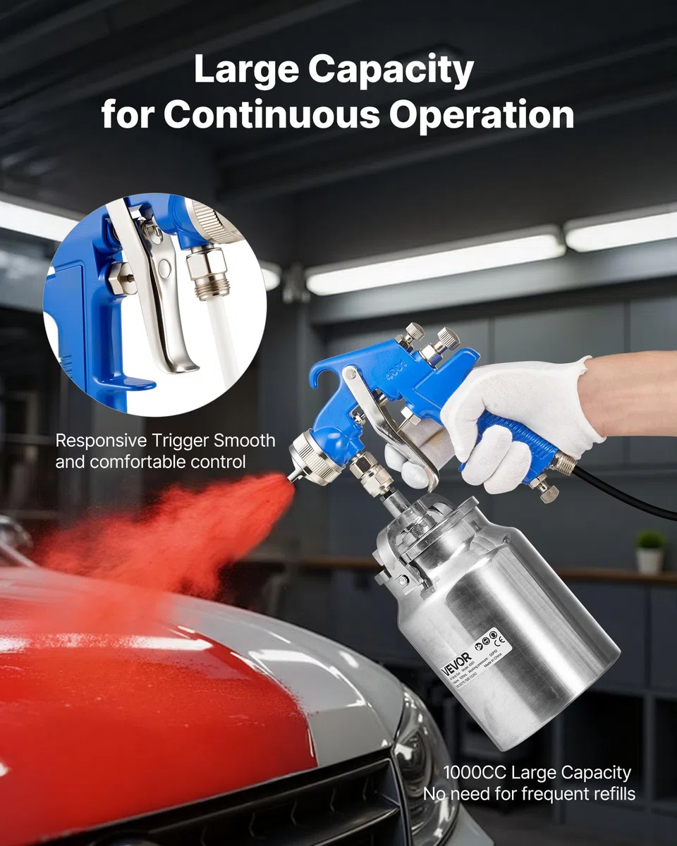 VEVOR Pistola a Spruzzo Pneumatica per Verniciatura a Sifone da 1000 CC con Ugello da 1,8 mm, Flusso Volume d'Aria Regolabile, Pistola per Verniciatura ad Aria Compressa per Auto, Pareti
