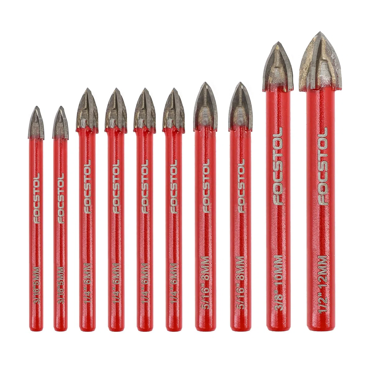 FOCSTOL Set Punte Trapano a Secco - 10 pezzi Set Punte in Carburo con Gambo Tondo per Legno Plastica Muratura Ceramica Piastrelle Cemento Marmo (5 * 2/6 * 4/8 * 2/10/12mm)