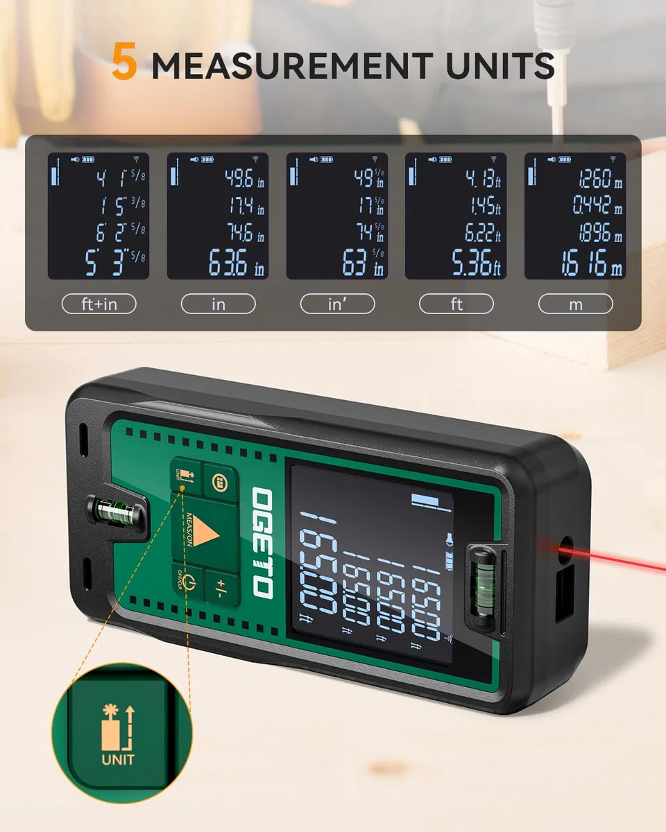 Metro Laser, OGETO Misuratore di Distanza Laser IP54 Strumento di Misura Digitale Portatile Telemetro con Livelle a Bolla e Ampio Display LCD Retroilluminato