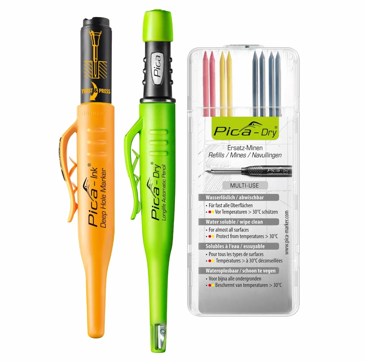 Pica Set di attrezzi per marcatura professionale composto da pennarello Pica Dry 3030, mine di ricambio adatte 4020 (rosso, giallo, grafite) e Pica Ink nero, robusto e ricaricabile