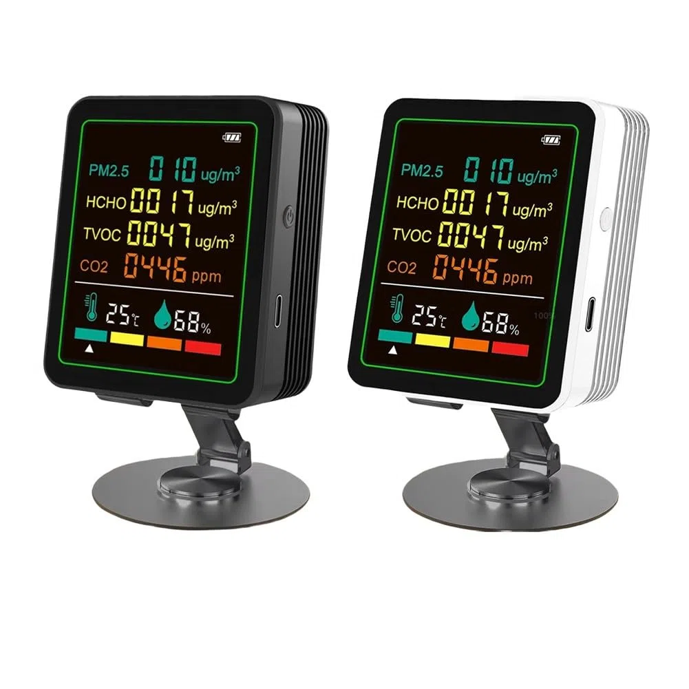 Monitor della qualità dell'aria interna 6 in 1 con TVOC, PM2.5, CO2, formaldeide, rilevamento temperatura e umidità, schermo a colori LED intelligente, ricarica USB-C