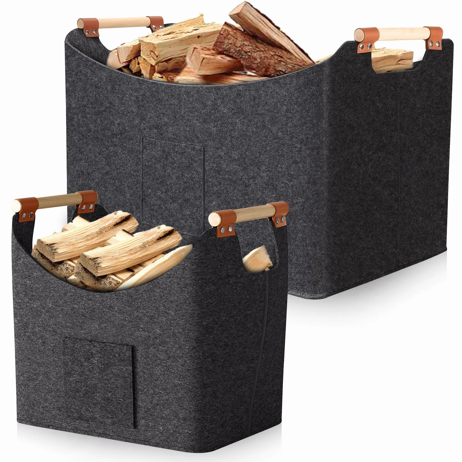 Cesto Porta Legna 2 Pezzi 67L & 96L – Cesto in Feltro con Manici, 50×32×40 cm & 60×40×40 cm, Borsa Pieghevole per Camino, Legna, Giochi e Coperta