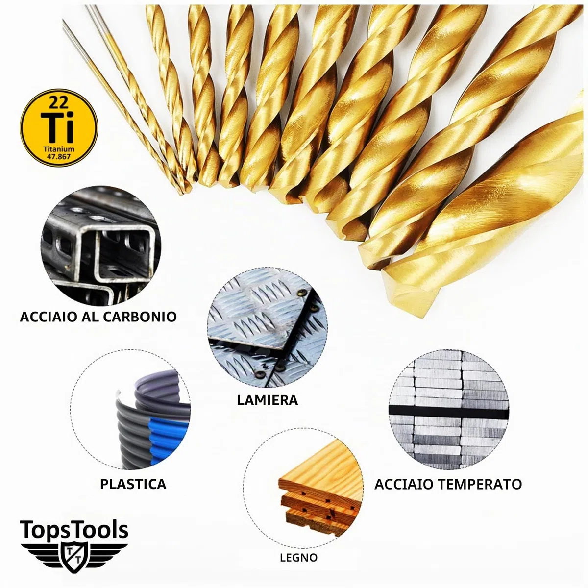 100 punte elicoidali TopsTools TT100TW 1 mm - 10 mm, dimensioni miste, rivestite in titanio HSS, scatola di immagazzinaggio per legno, plastica, rame, ottone, compatibile con Bosch e molti altri