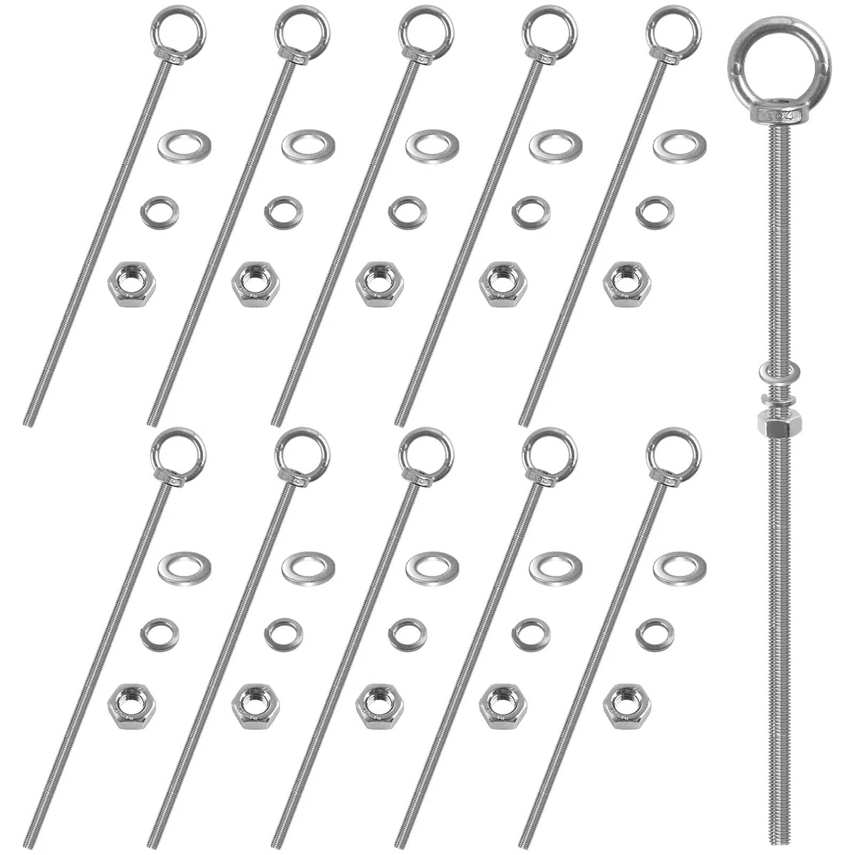 Set di 10 bulloni a occhiello M6 x 200 mm, in acciaio inossidabile 304, con dadi e rondelle, anello filettato maschio, bullone ad occhiello a gambo lungo per attrezzature di ingegneria