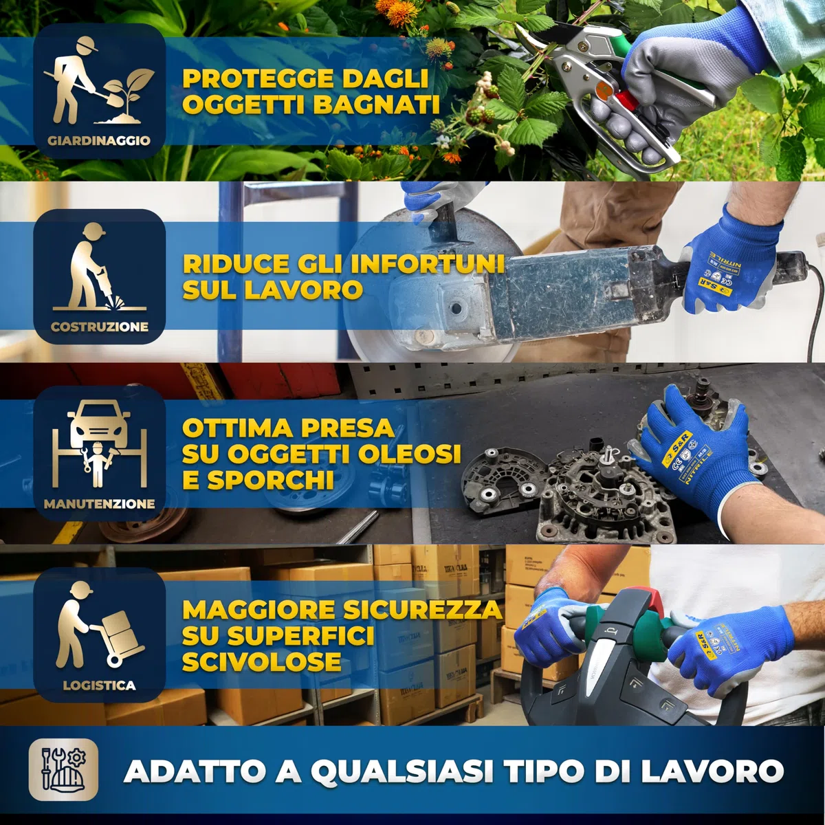 S&R 24 Paia Guanti da Lavoro Uomo in Nitrile resistente L/9. Guanti Montaggio Meccanico Giardinaggio Bricolage. Antiscivolo e antiabrasione.