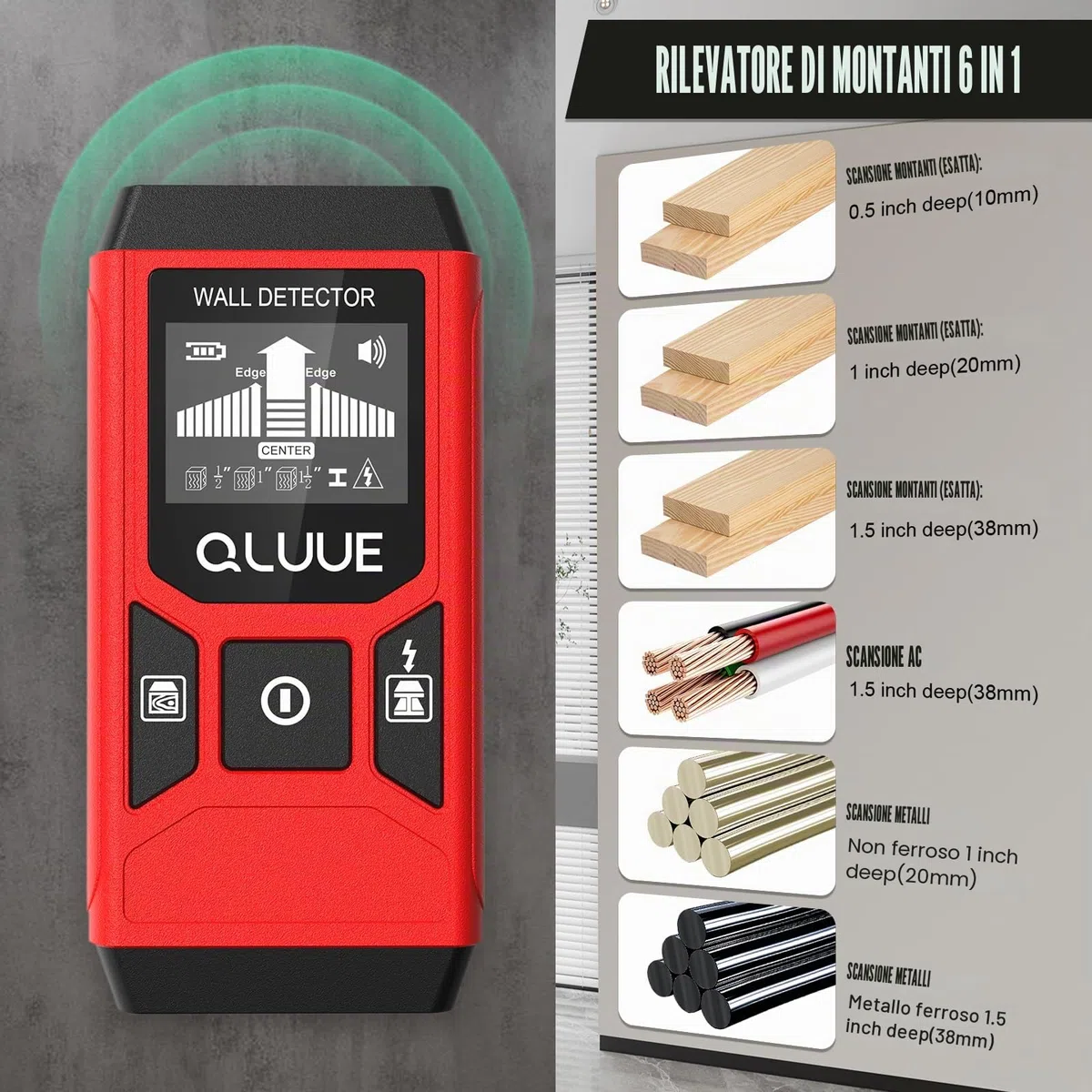 Rilevatore di Bulloni Multifunzione 5 in 1 con Display LCD e Allarme Acustico per Trovare Linee Elettriche, Travi in Legno, Tubi Metallici, Ecc