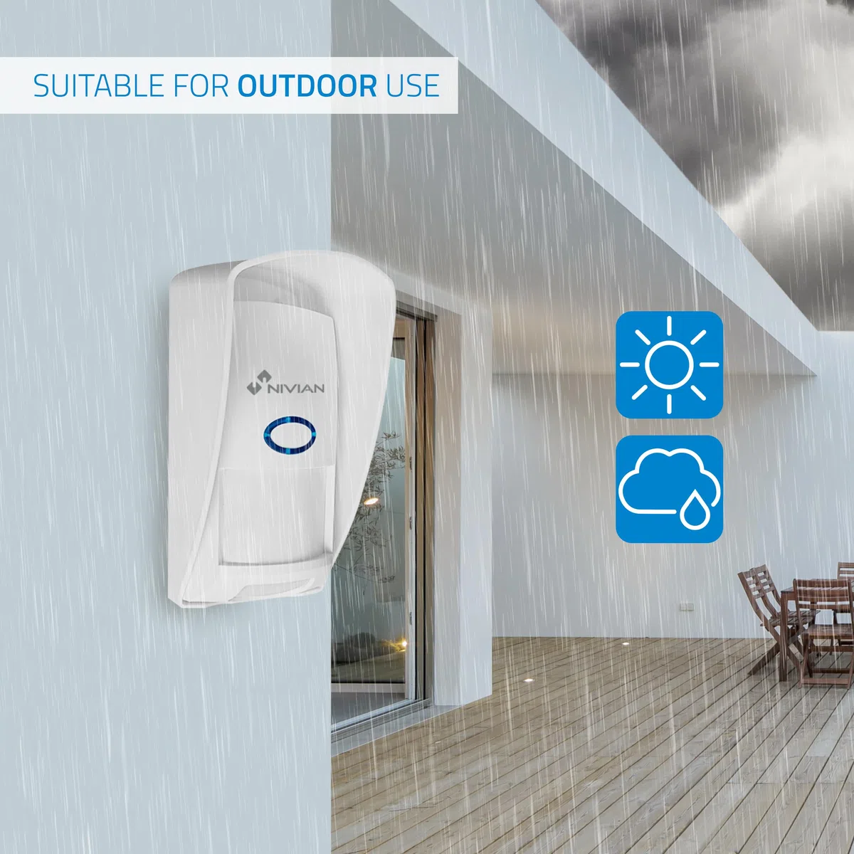 NIVIAN Sensore di Movimento da Esterno Wireless 433 MHz – Rilevatore Presenza PIR Infrarossi, Immunità Animali <25Kg, Portata 150m, Funzionamento a Batterie