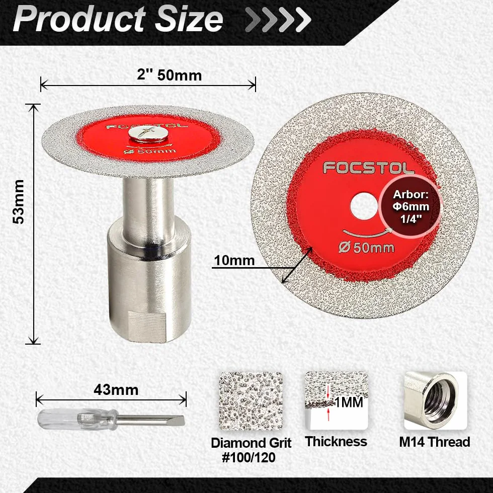FOCSTOL Disco Diamantato per Taglio Vetro - 5 pezzi 50mm Lama Diamantata per Vetro e 1 pezzo Flangia Filettatura M14 per Giada Marmo Granito Pietra Artificiale Porcellanato Piastrelle Ceramica