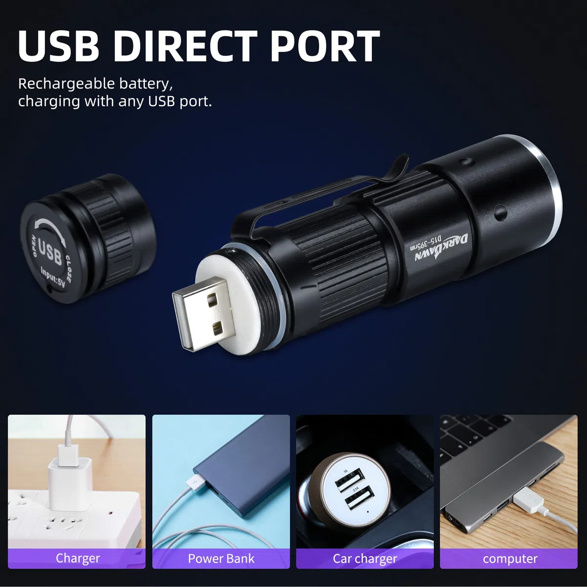 DARKDAWN Torce UV 365nm 395nm Ricaricabile USB, LED Lampada di Wood Ultravioletti Torcia Luce Nera, Mini Portatile Lampada UV per Ambra, Rivelatore Urina per Gattidi Cani 400nm, 2 Pezzi (UV 395 nm)
