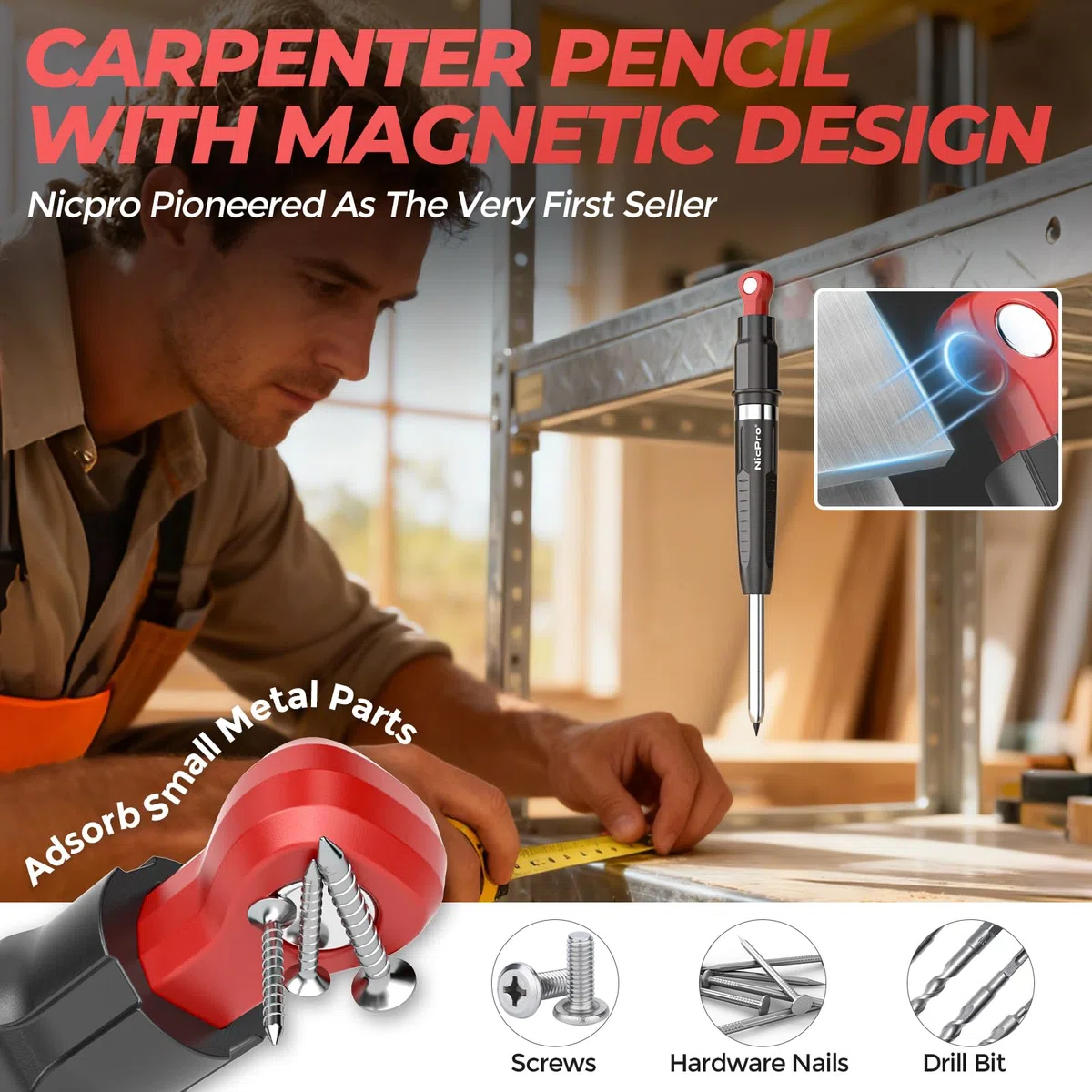 Nicpro CP5000 matite carpentiere magnetiche, portamine 2,8 mm+ 10 ricariche, matite per marcatura di fori profondi, matita per lavorazione del legno con strumento di presa magnetico