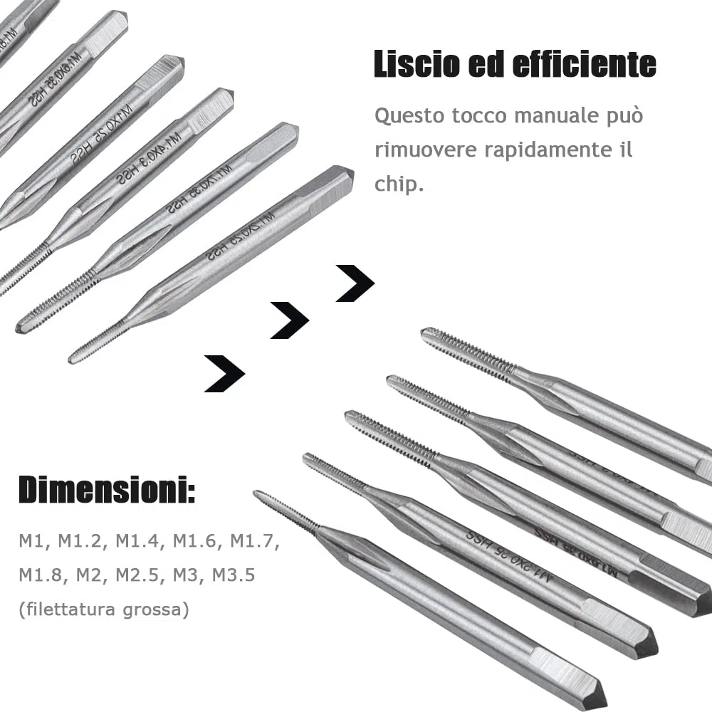 10 Pezzi Maschi per Filettare M1, M1.2, M1.4, M1.6, M1.7, M1.8, M2, M2.5, M3, M3.5, Maschi a Scanalature Diritte per Macchine Utensili ad Alta Velocità in Acciaio Metrico