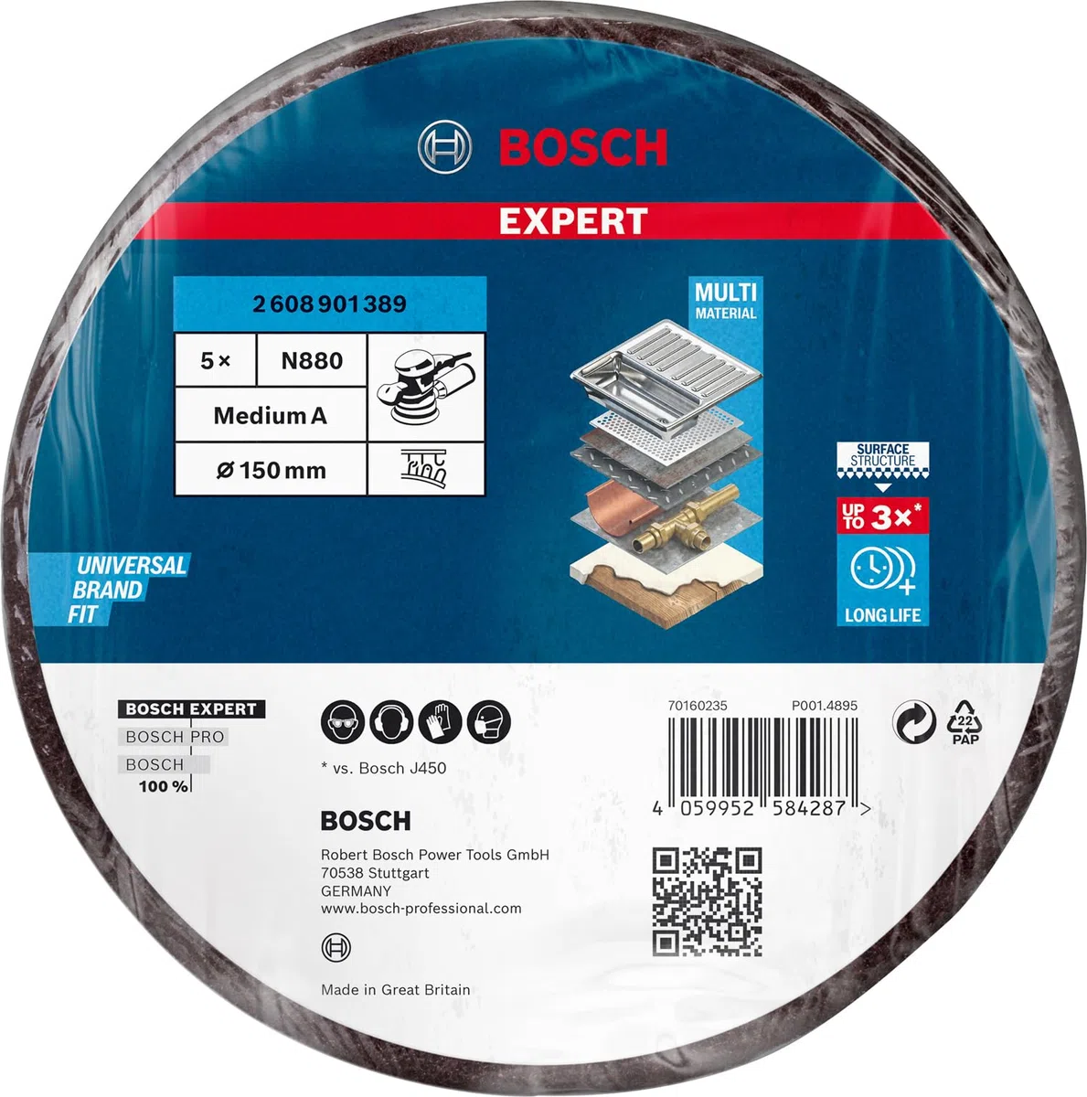 Bosch Accessories 5x Dischi in Tessuto Expert N880 per Lamiere di Acciaio, Ø 150 mm, Grana 280, 5 Pezzi, Accessorio Levigatrice Rotoorbitale