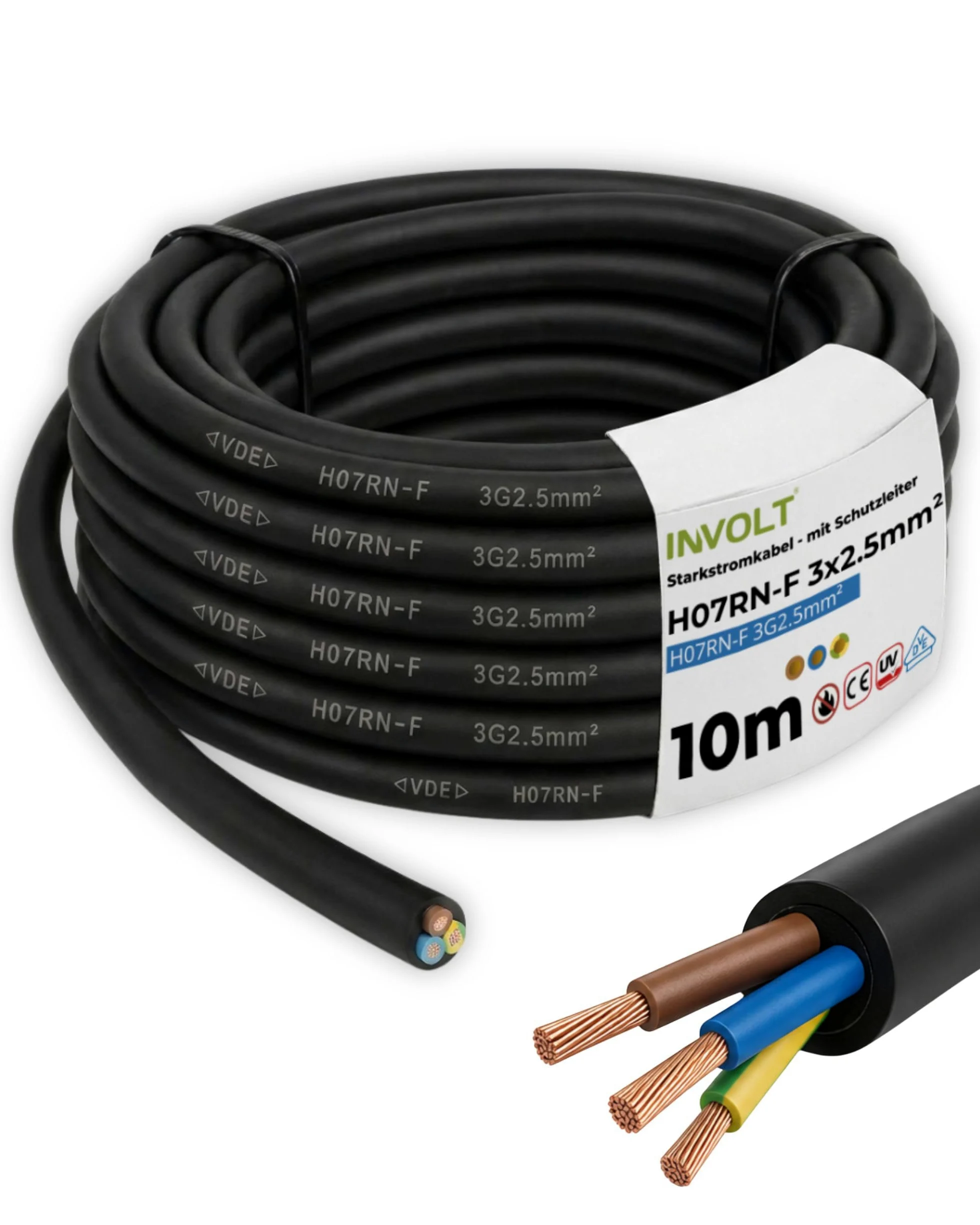 INVOLT Cavo di prolunga CEE, 10 m, H07RN-F 3G2,5 mm², cavo flessibile in gomma con conduttore di protezione, per esterni, cantieri, certificato VDE