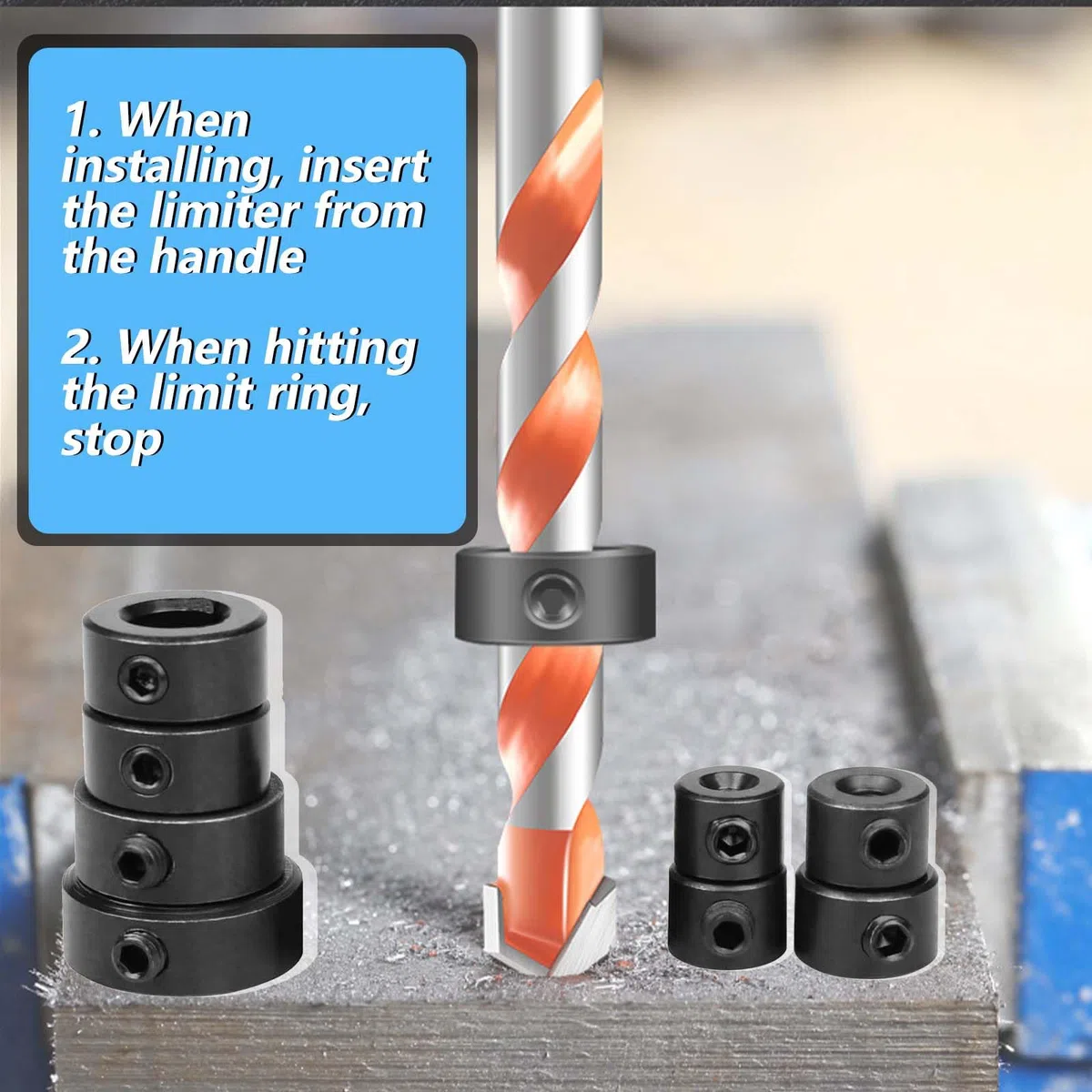 16 Pezzi Stop di Profondità Trapano WISIRENT, 2*3/4/5/6/8/10/12/16mm Nero Stop di Profondità Trapano con La Chiave Esagonale, Punte Profondità Anello Posizionatore Set di Trapano per Stop di Profondit