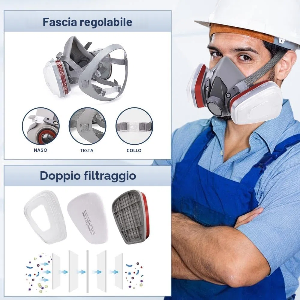 Maschera protettiva riutilizzabile con filtro antipolvere,Maschera a gas respiratorio con filtro per spray, pittura, lavoro, prodotti chimici, fai da te, levigatura