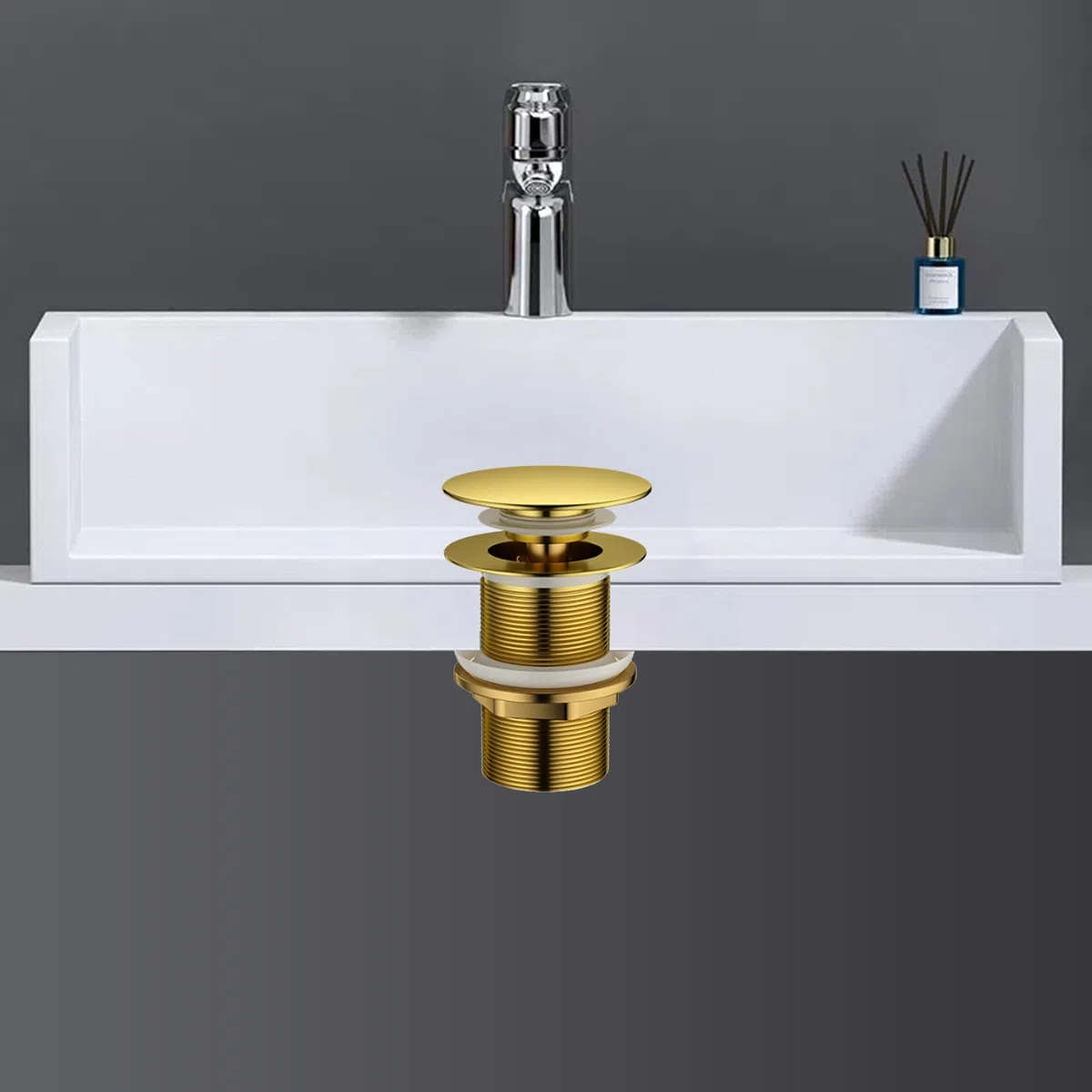 Piletta Click Clack per Lavabo Senza Troppo Pieno, Sifone Pop Up con Filtro Antiotruzione, Finitura Ottone Antico Dorato, Universale per Lavabo e Bidet, Misura Filetto G1 1/4 Pollice