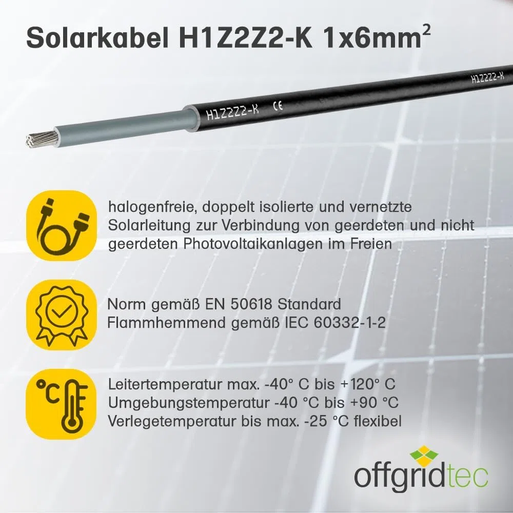 Offgridtec Cavo solare H1Z2Z2-K 6mm², cavo in rame unipolare per impianti fotovoltaici, resistente ai raggi UV e agli agenti atmosferici, privo di alogeni, conforme a IEC 60228 EN 50618 (10m, nero)