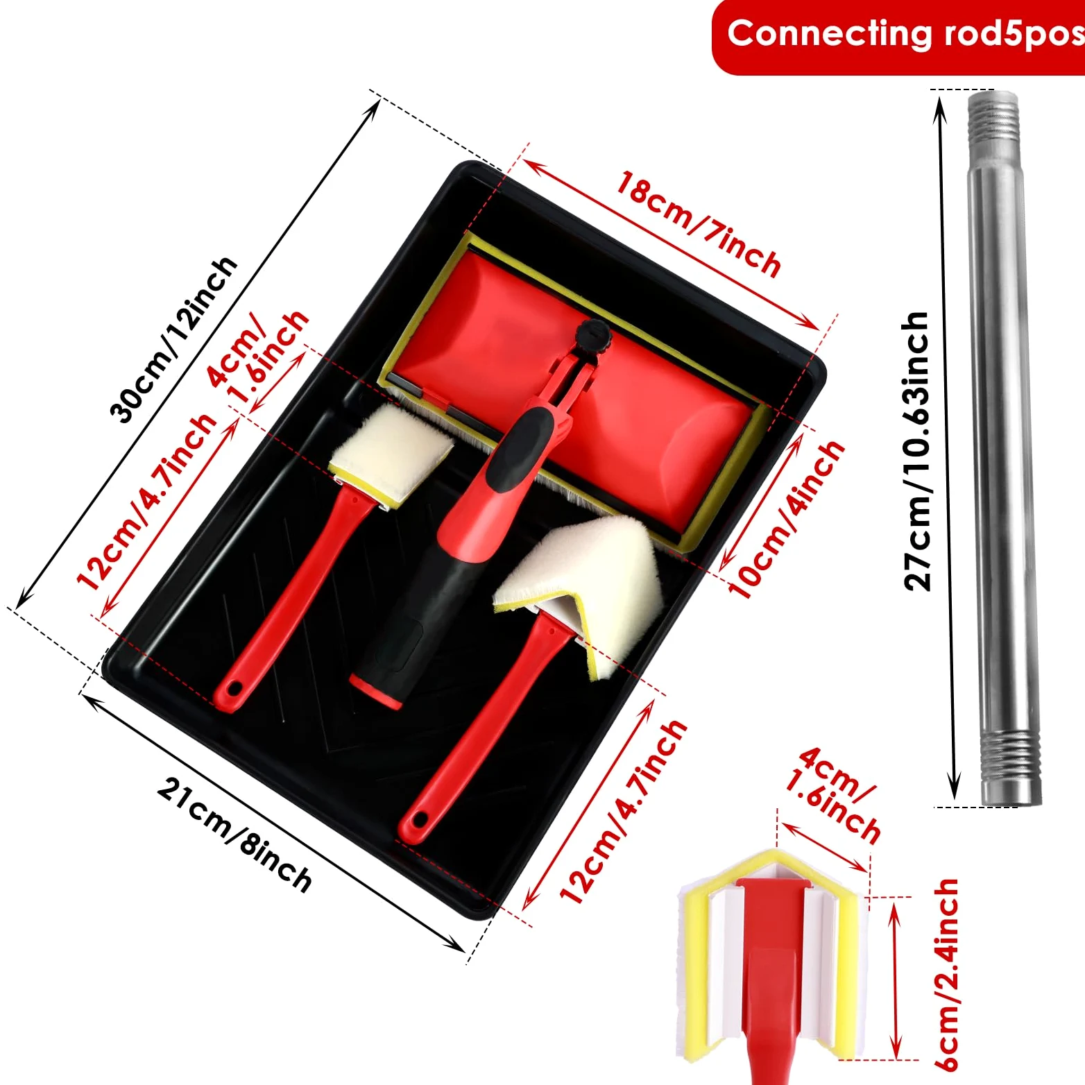 Set di tamponi da pittura da 18 cm, per pareti e soffitti, tamponi piatti per decorare con asta di estensione da 124 cm e vassoio per vernice, strumento per bordatura vernice, applicatore tampone per