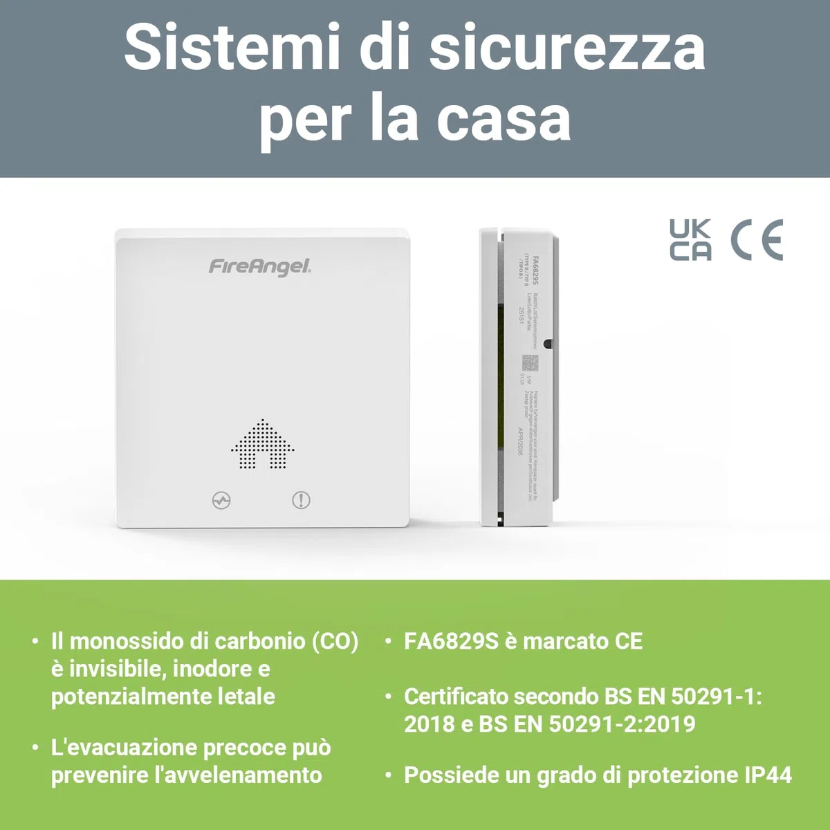 FireAngel FA6829S Rilevatore Monossido di Carbonio Ultra Sottile, Rilevatore CO con 10 Anni di Autonomia, Sensore Monossido di Carbonio