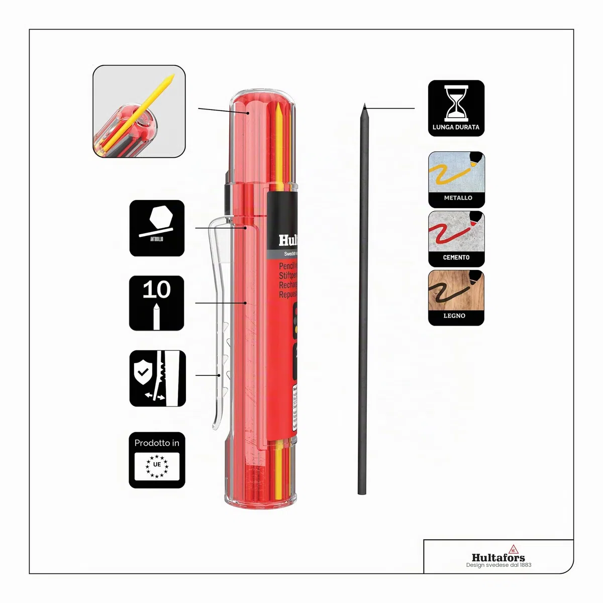 Hultafors Set marcatore di profondità professionale incl. 10 mine di ricambio (rosso, giallo e grafite) e temperino Matita marcatore con fermaglio antiscivolo I Per molti superfici I 650230