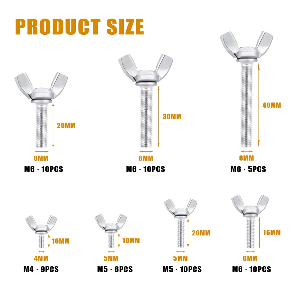 Gueenky 62 Pezzi Dadi ad Alette, M4 M5 M6 Dado a Farfalla in Acciaio Inox Bulloni a Vite a Farfalla, 7 Misure Viti ad Alette a Farfalla Dado ad Alette a Farfalla Assortimento Kit