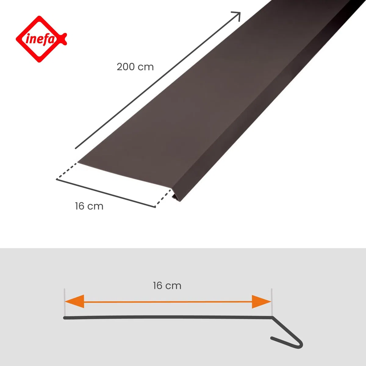 INEFA Scossalina per tetti, per grondaia, bordato su un lato 2m, marrone scuro profilo di copertina, accessori per grondaie, profili in pvc, Made in Germany