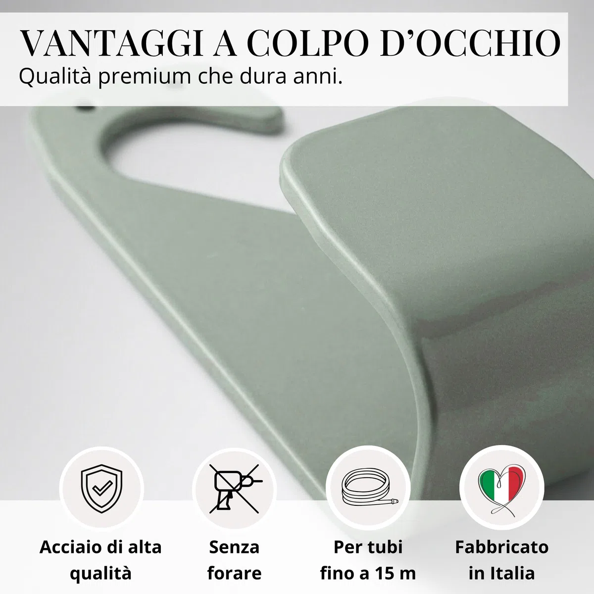 LIVLIG Gancio Portatubo Irrigazione Senza Forare - Supporto Tubo Giardino a Parete in Metallo per 10m Tubo Classico / 20m Tubo Flessibile - Made in Italy - Verde