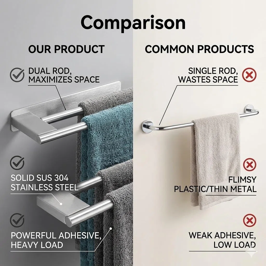 Porta Asciugamani bagno Adesivo Doppio senza Forare, Portasciugamani da Parete in Acciaio Inossidabile Accessori per Bagno e Cucina, Supporto Appendi Asciugamani 2 Bracci 39 cm (Argento)