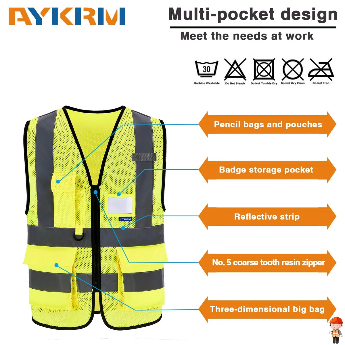 AYKRM Gilet ad alta visibilità con cerniera frontale ad alta visibilità gilet ad alta visibilità gilet con tasche per telefono e documenti