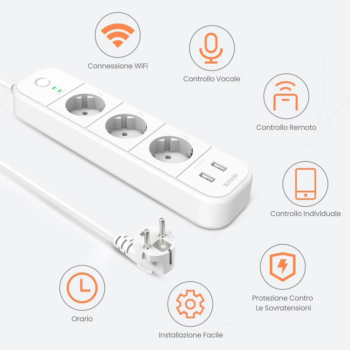 Ciabatta Elettrica Wi-Fi Intelligente Tenda, 3 Prese Controllate Individualmente e 2 Porte USB, Controllo Tramite App/Voce (Alexa e Google), Programmazioni, Protezione da Sovratensioni, 16 A, SP15