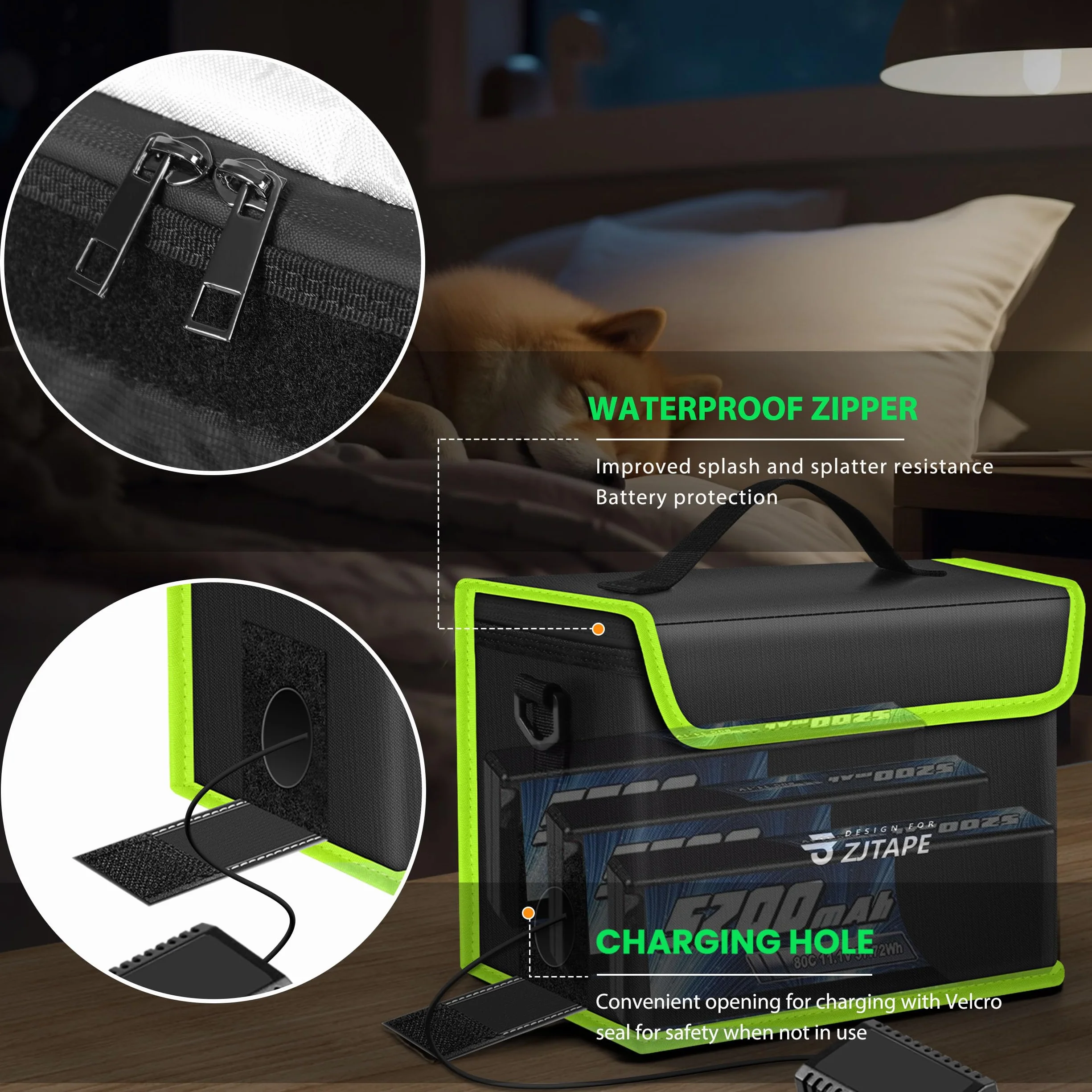 ZJTAPE Lipo Safe Bag ignifuga, Borsa per batterie a prova di esplosione, grande spazio di stoccaggio Storage Box - cassaforte ignifuga, borsa protettiva per la ricarica e l'archiviazione (Nero, Verde)