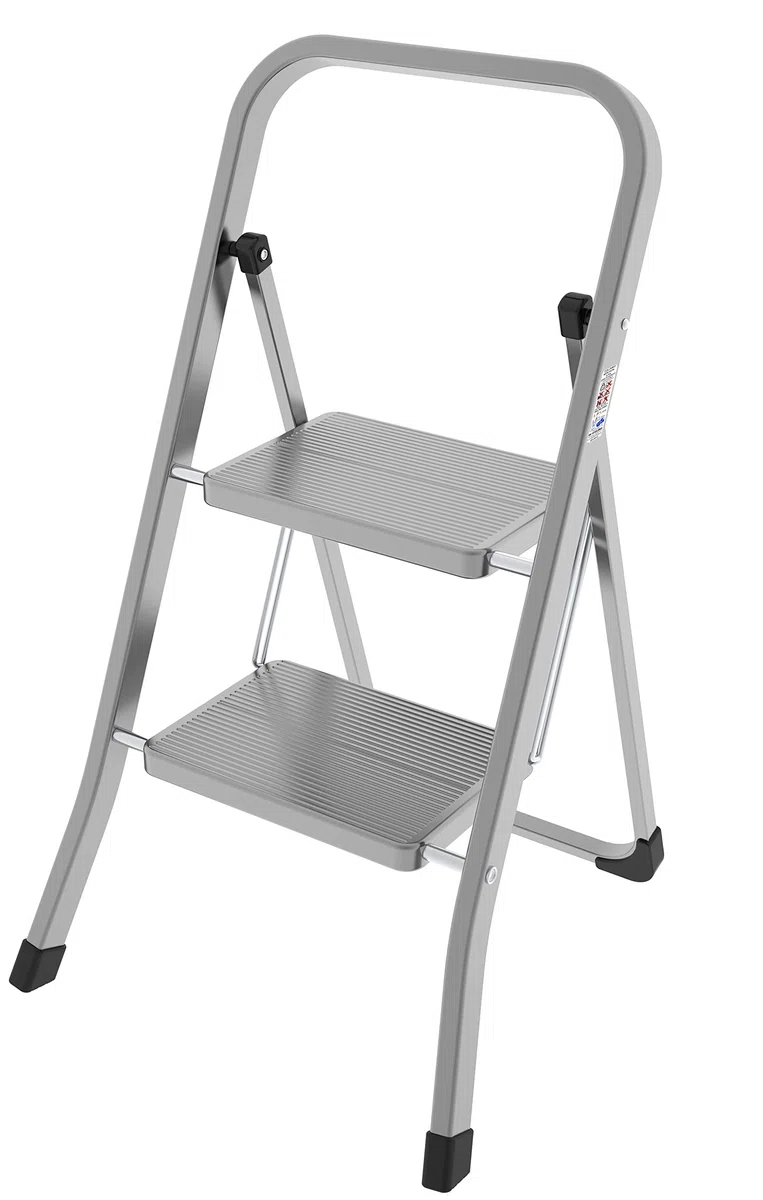 Colombo Scaletta 2 Gradini in Acciaio STABILO – Pieghevole, Compatta e Leggera, Gradini Larghi Antiscivolo 30x20 cm, Stabile e Sicura per Casa e Cucina