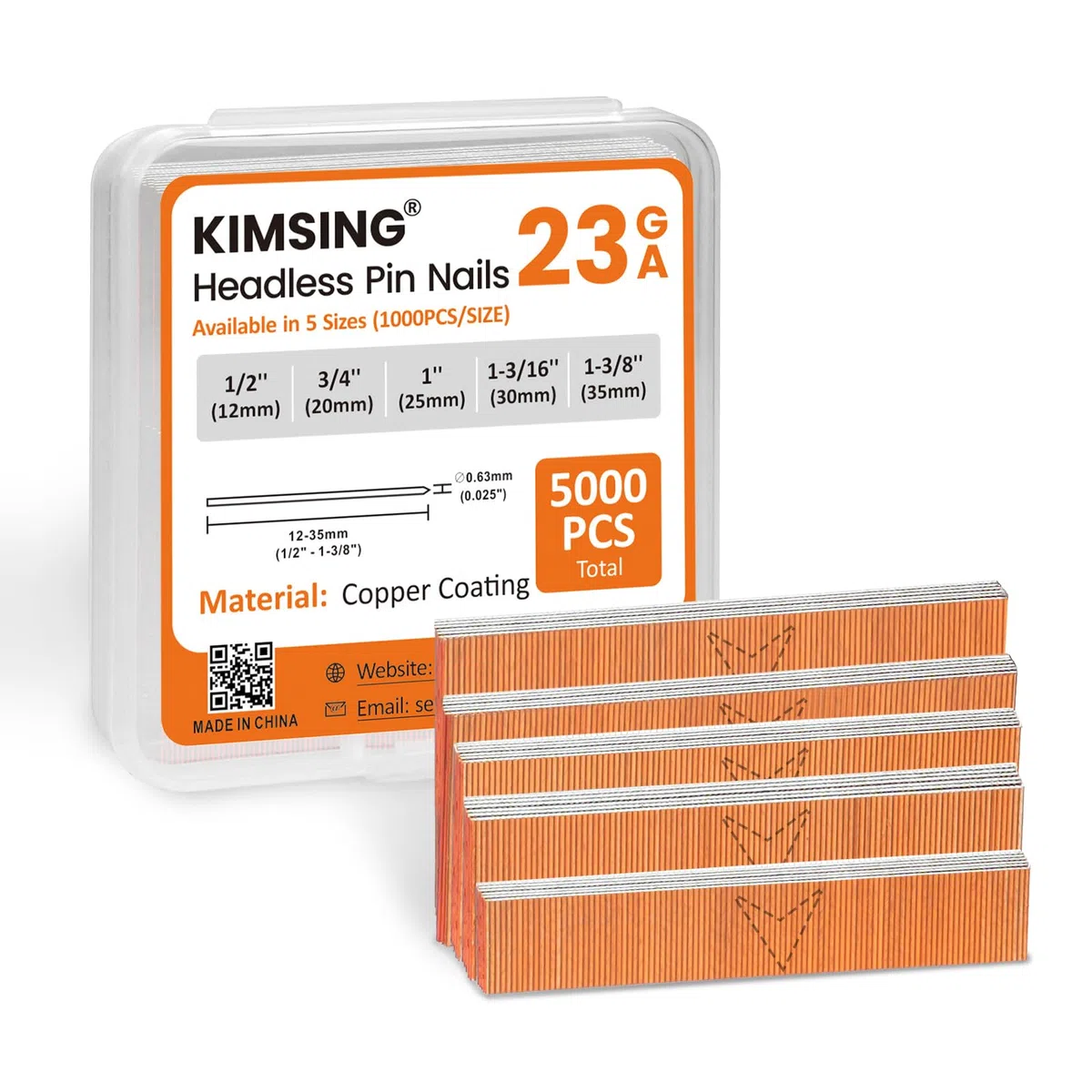KIMSING Chiodi senza testa in rame assortiti, calibro 23, 5 misure (1/2", 3/4", 1", 1-3/16", 1-3/8"), 5000 pezzi, confezione multipla per pistola chiodatrice