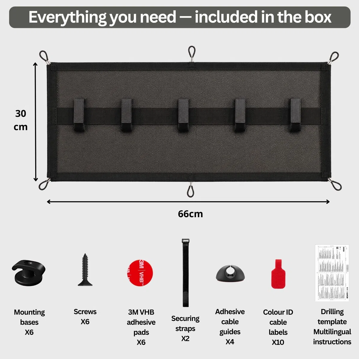 Organizer Cavi Scrivania 66x30cm – Raccogli Cavi Sotto Scrivania, 5 Strap Integrati, Fissaggio con Viti o 3M VHB Senza Forare, Cable Management Scrivania