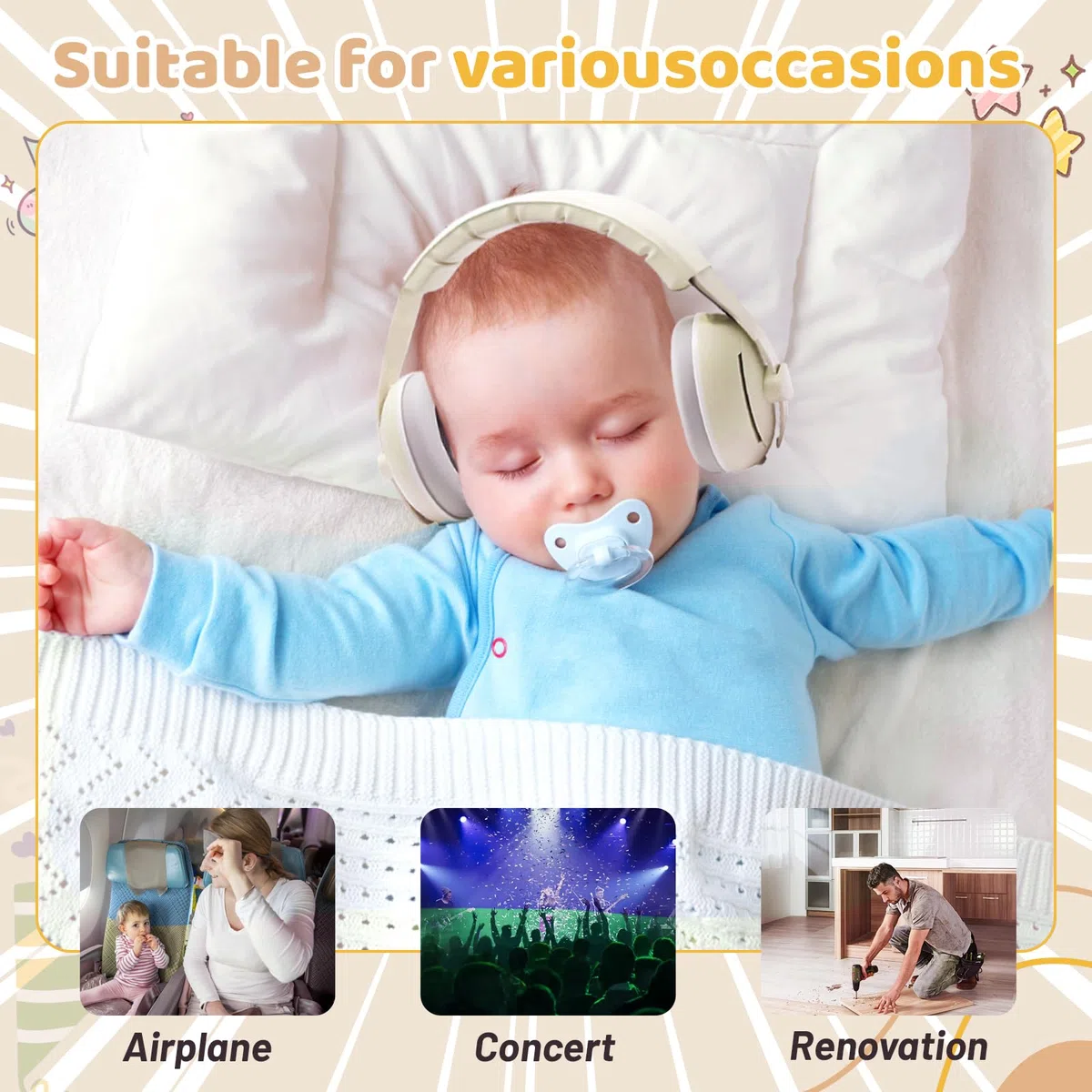 Cuffie antirumore per bambini, Cuffie Antirumore Neonati 2 in 1, Protezione Uditiva -25dB per Neonati e Bambini 0-48 Mesi, Fasce Regolabili e Confortevoli per Sonno, Aereo, Feste