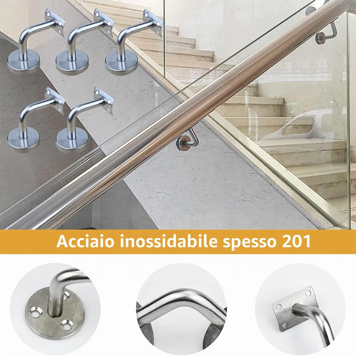 5PCS Staffa per Corrimano, Staffa per Corrimano in Acciaio Inossidabile Supporti a Parete per Corrimano, Utilizzati per Corrimano Scale per Scale interne ed Esterne (Argento)